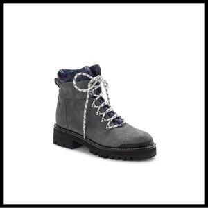 Marc Fisher Faux Suede Boots Gray With Blue Quilted Collar
